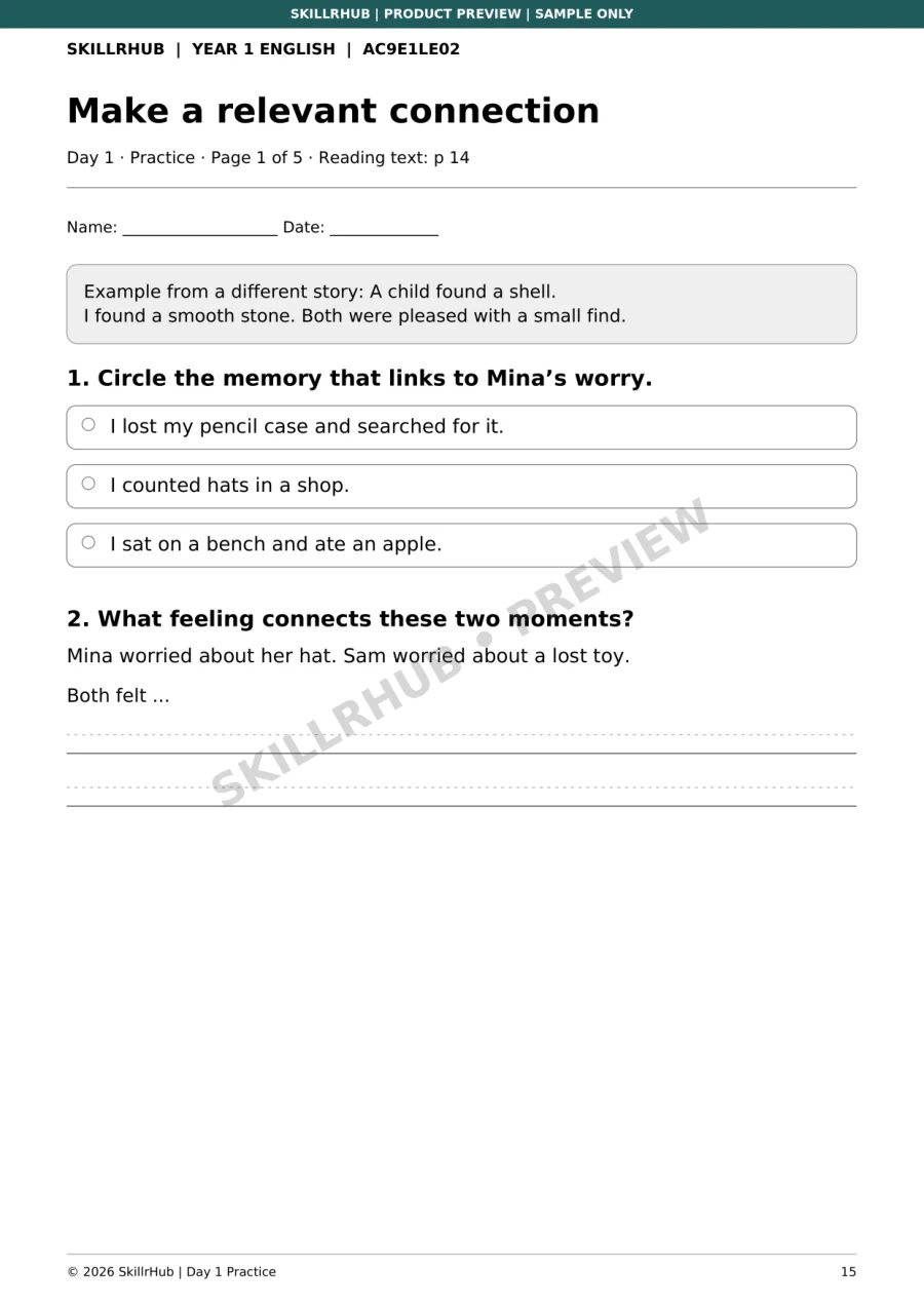 Watermarked Story Connections practise the skill sample page