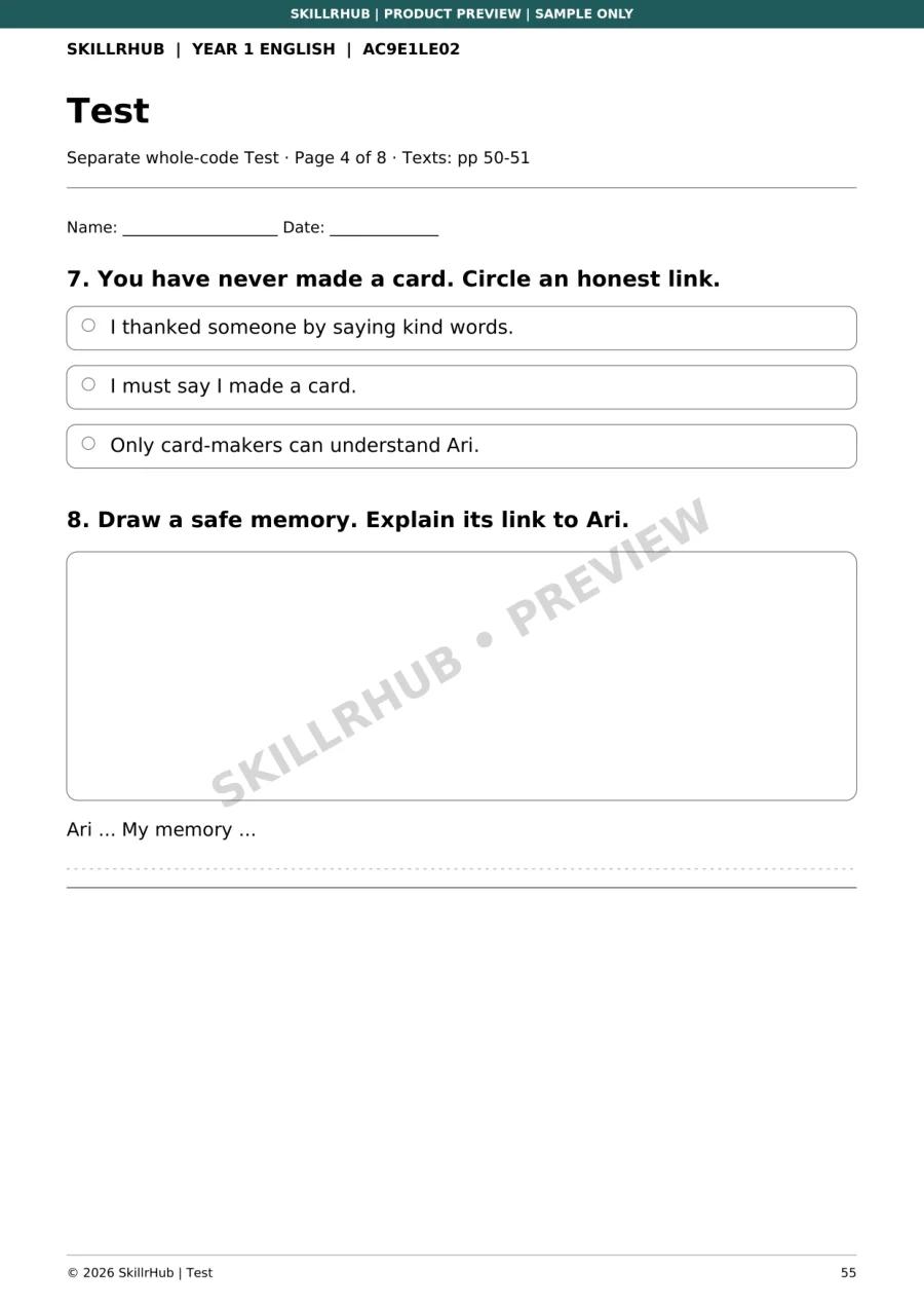Watermarked Story Connections check understanding sample page